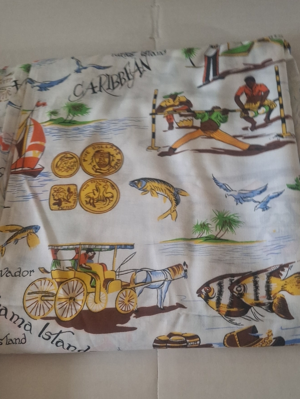 Vintage 1950s 1960s Caicos Island Souvenir Novelty Print Fabric Cotton 4 Yards